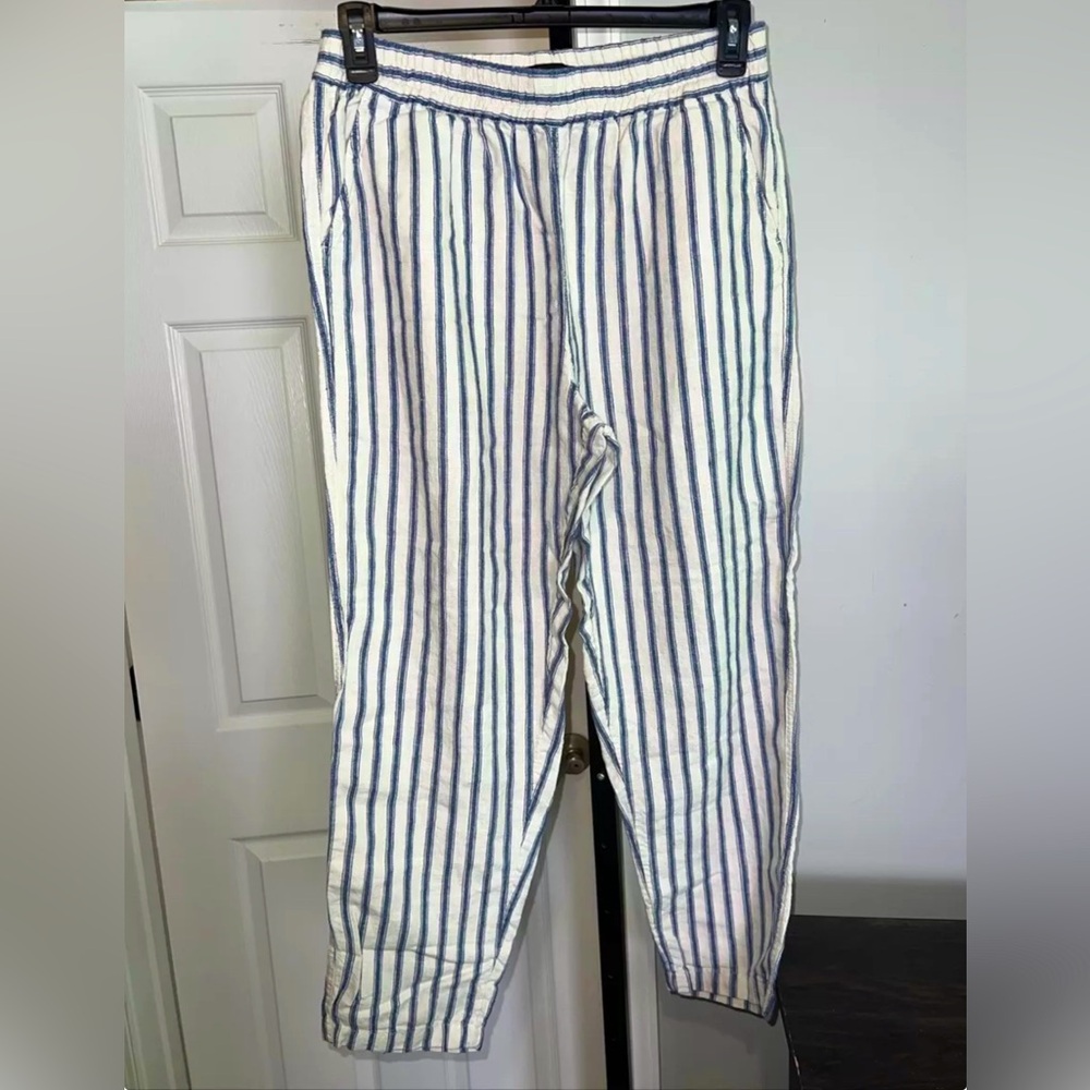 Tahari Women’s Size Large Linen Blue White Striped Straight Leg Pants Beach